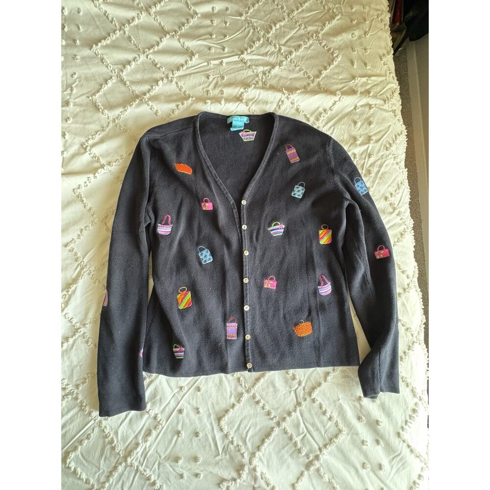 Alexandra Bartlett Embroidered Handbag Cardigan Sweater Size M Y2K Novelty